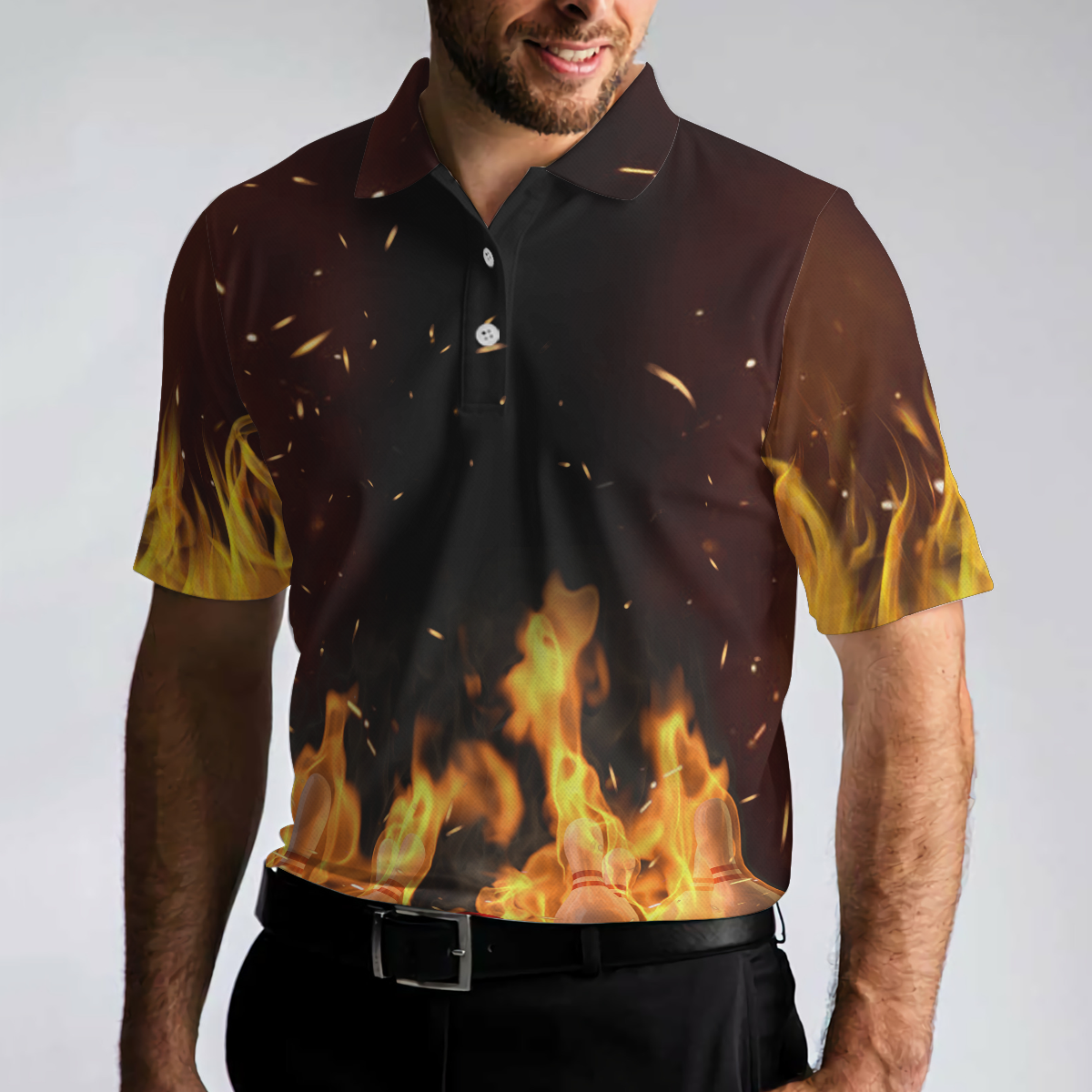 Pin Punisher Bowling Polo Shirt, Cool Flame Pattern Bowling Shirt Design For Male Bowlers, Best Bowling Shirt