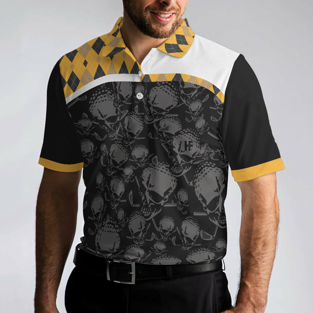 All You Need Is Beer & Golf Polo Shirt, Black And Yellow Argyle Pattern Golf Shirt For Men, Skull Golf Shirt