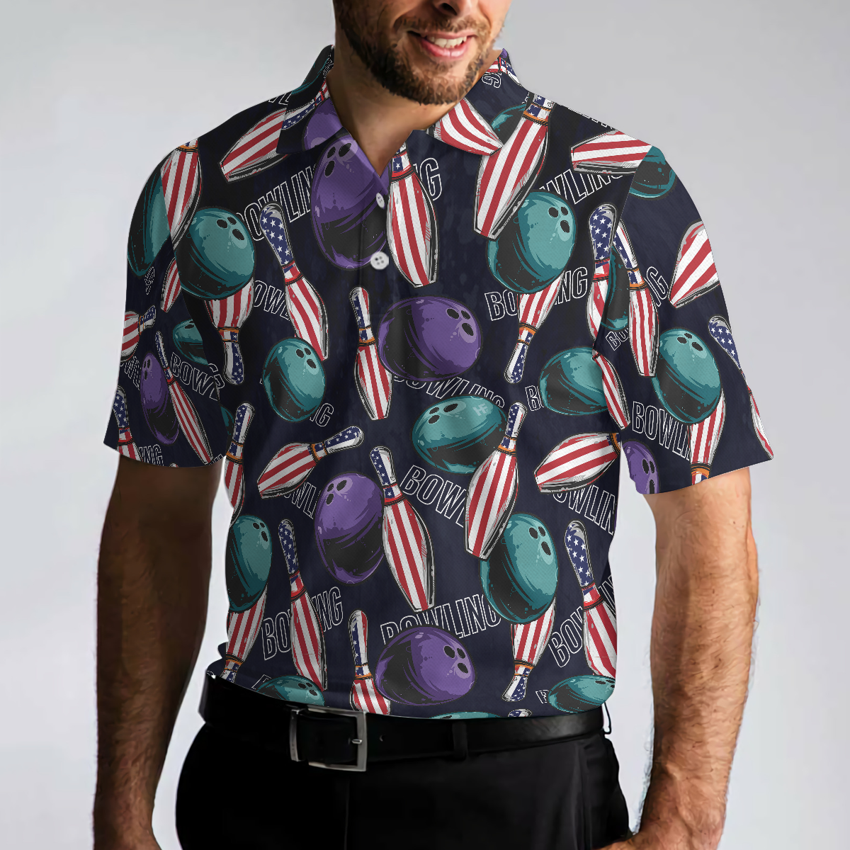 Bowling Is My Life Polo Shirt, American Flag Pattern Bowling Shirt For Men