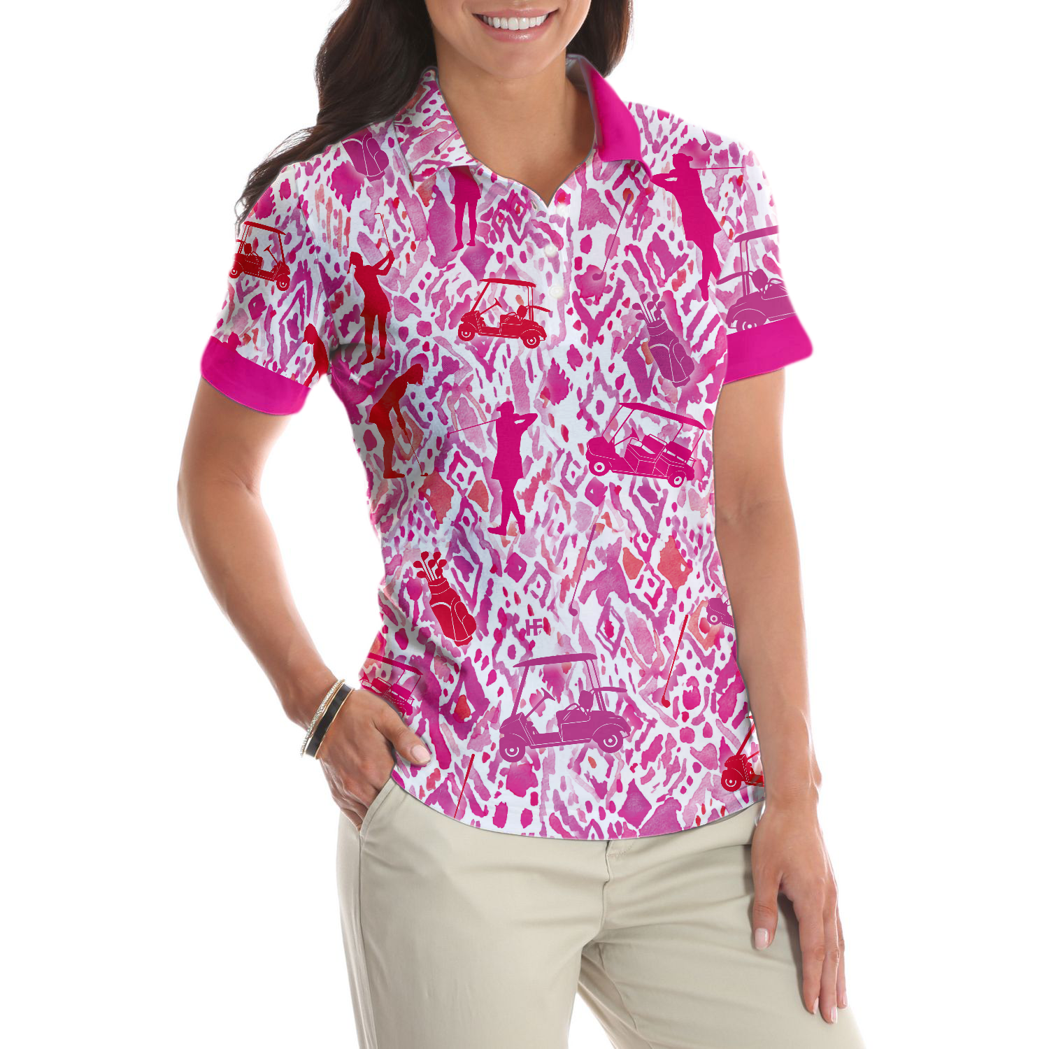 Seamless Pink Golfer Short Sleeve Women Polo Shirt, Unique Gift For Female Golfers