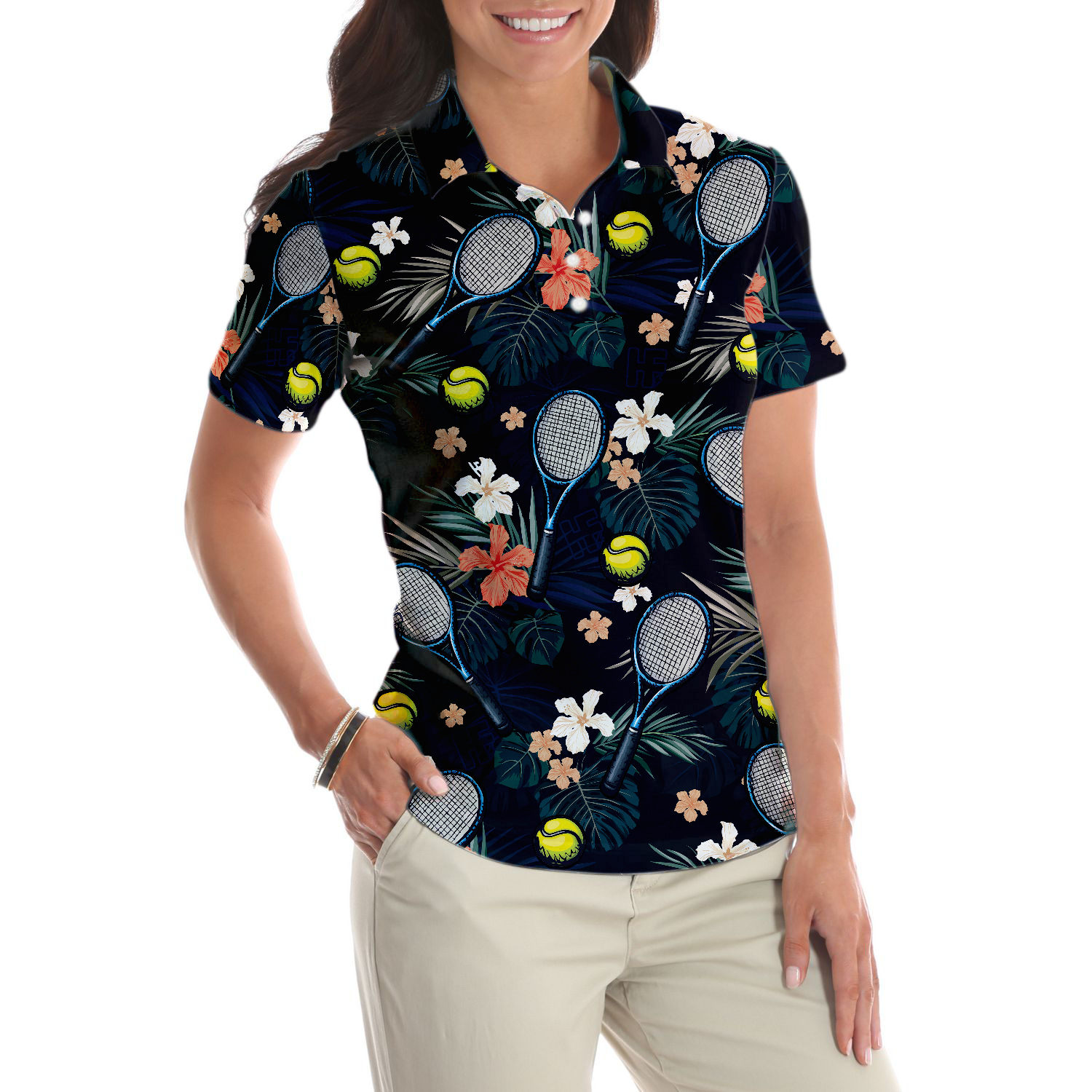 Tropical Floral Tennis Shirt For Women Short Sleeve Women Polo Shirt