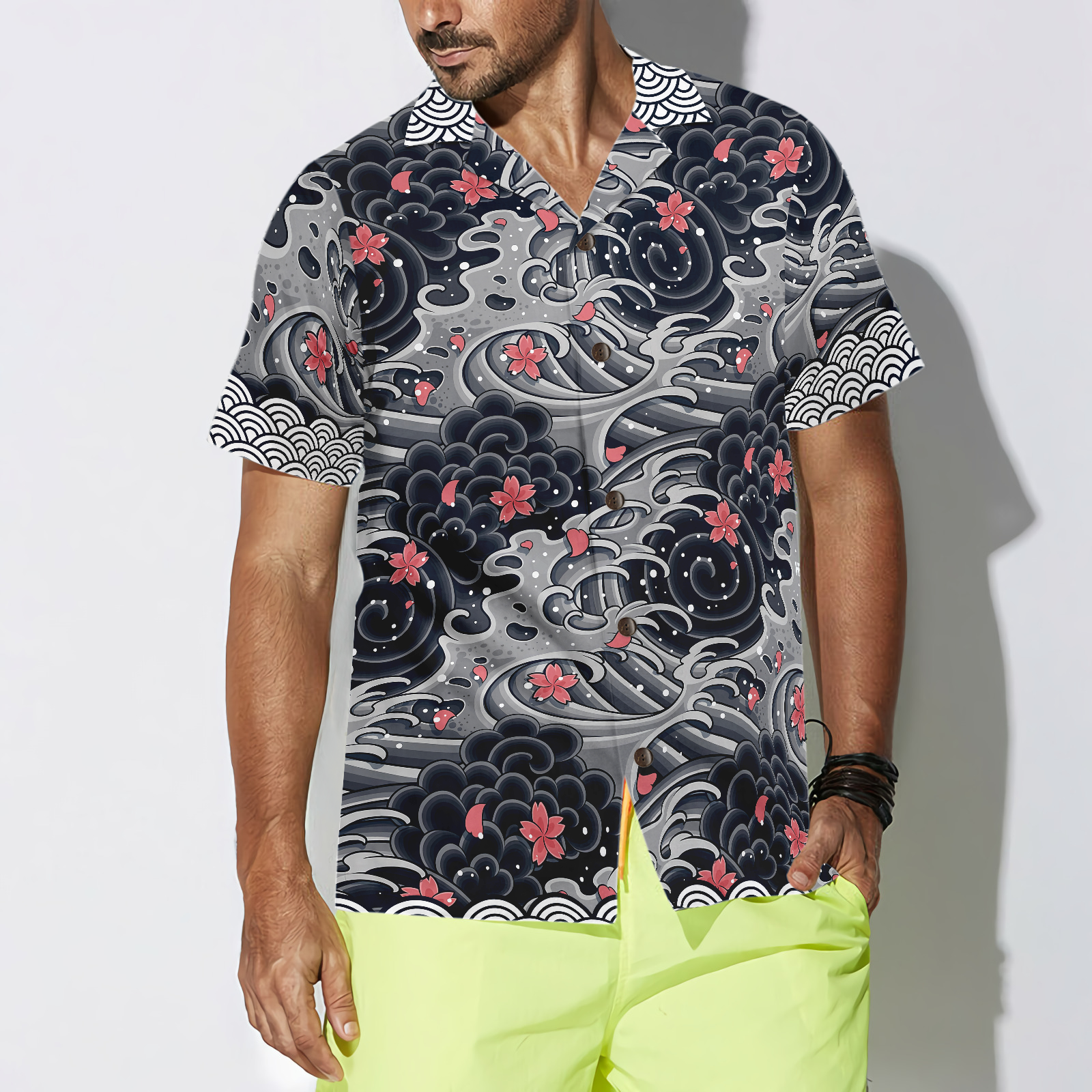 Japanese Red Flower Waves Hawaiian Shirt, Black And White Cherry Blossom Abstract Floral Hawaiian Shirt