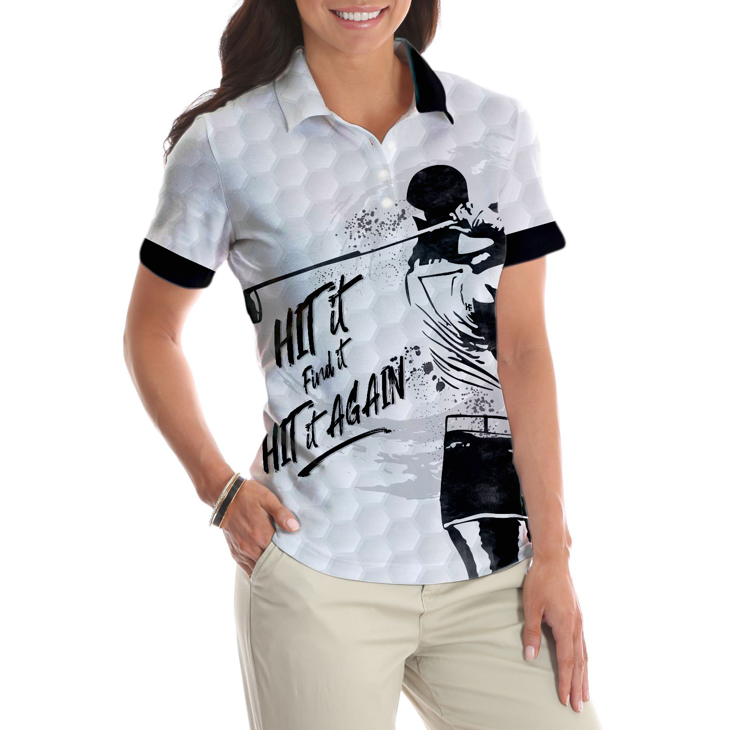 Hit It Find It Hit It Again Short Sleeve Woman Polo Shirt, Black And White Golf Shirt For Ladies, Cool Female Golf Gift