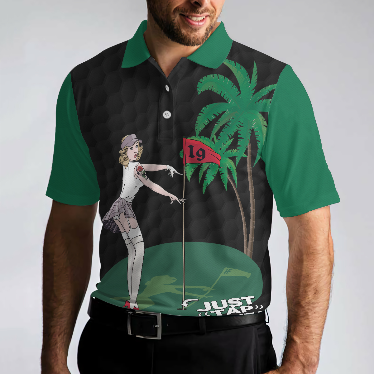 Just Tap In It! Golf Polo Shirt, Funny Black And Green Golf Shirt For Men