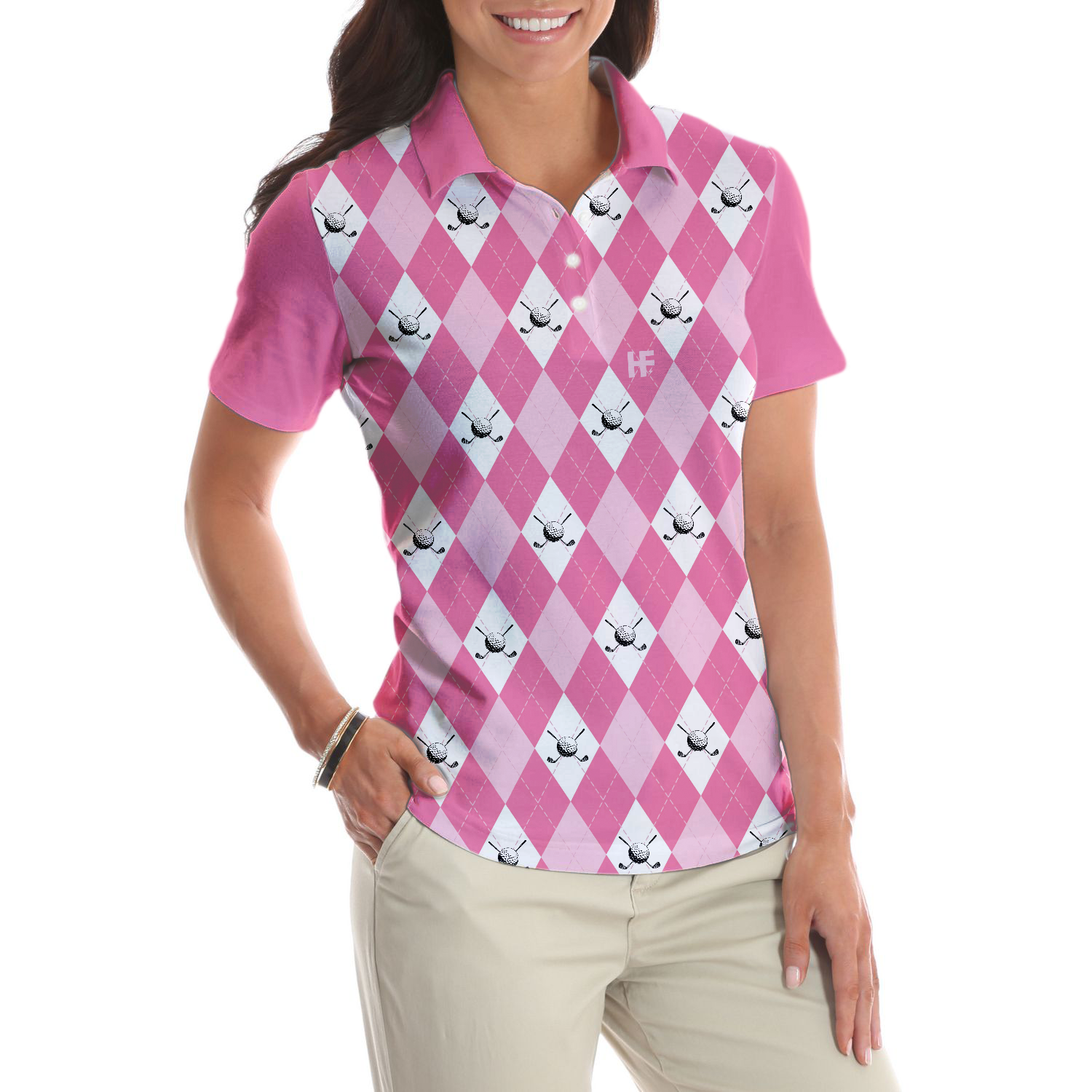 Golf Polo Short Sleeve Women Polo Shirt, Pink Argyle Seamless Pattern Golf Shirt For Ladies