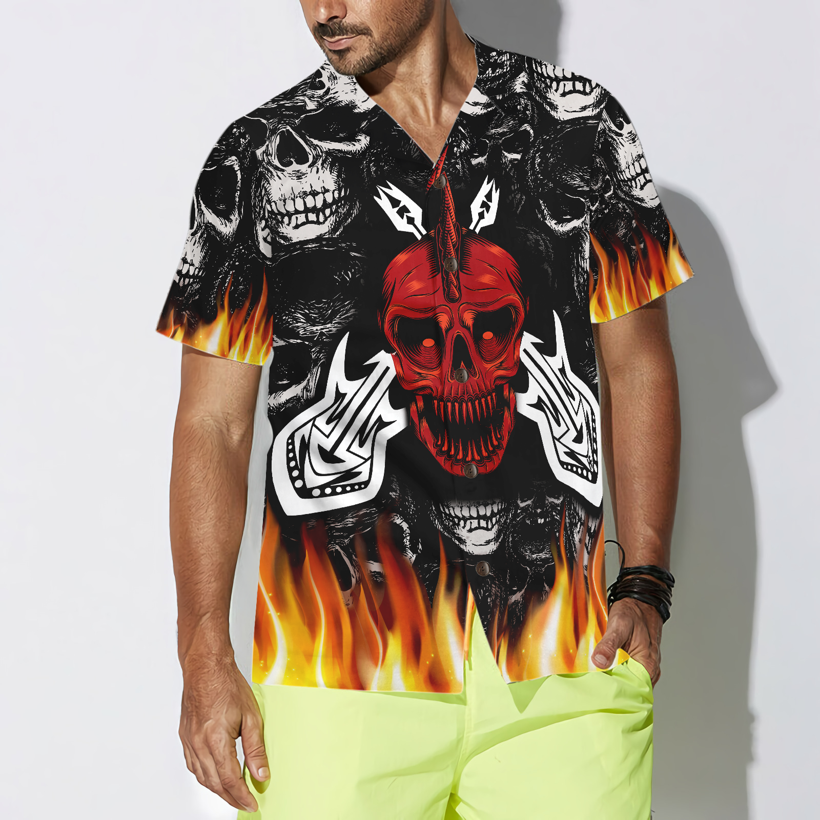 Punk Rock Never Dies Gothic Hawaiian Shirt, Flame Electric Guitar Crossbones And Skull Hawaiian Shirt