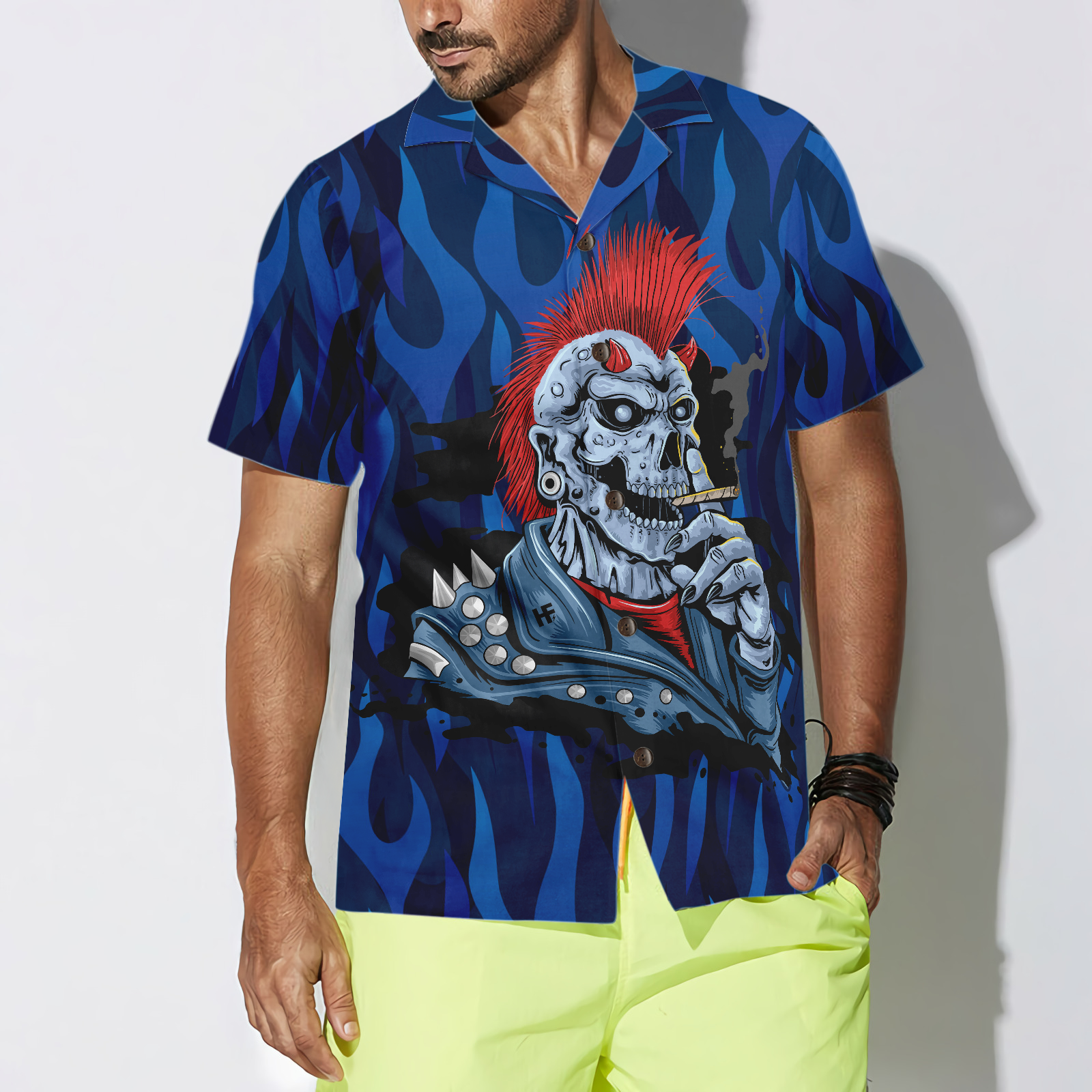 Punk Rock Skull Electric Guitar Hawaiian Shirt, Blue Flame Pattern Skull Rocker Hawaiian Shirt For Men