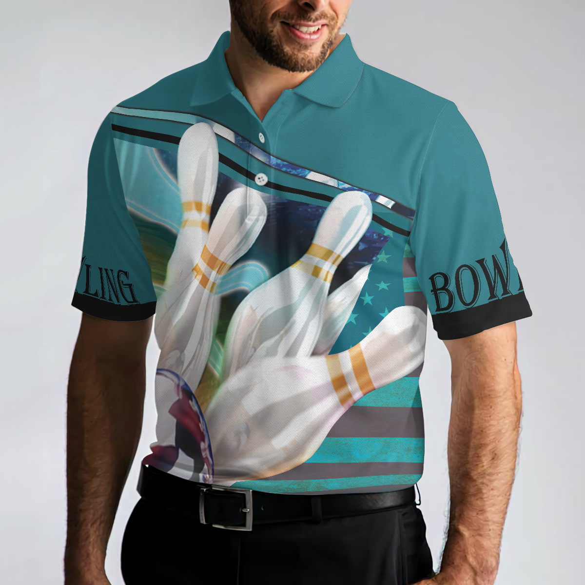 Love Bowling Polo Shirt, Blue American Flag Bowling Shirt For Men