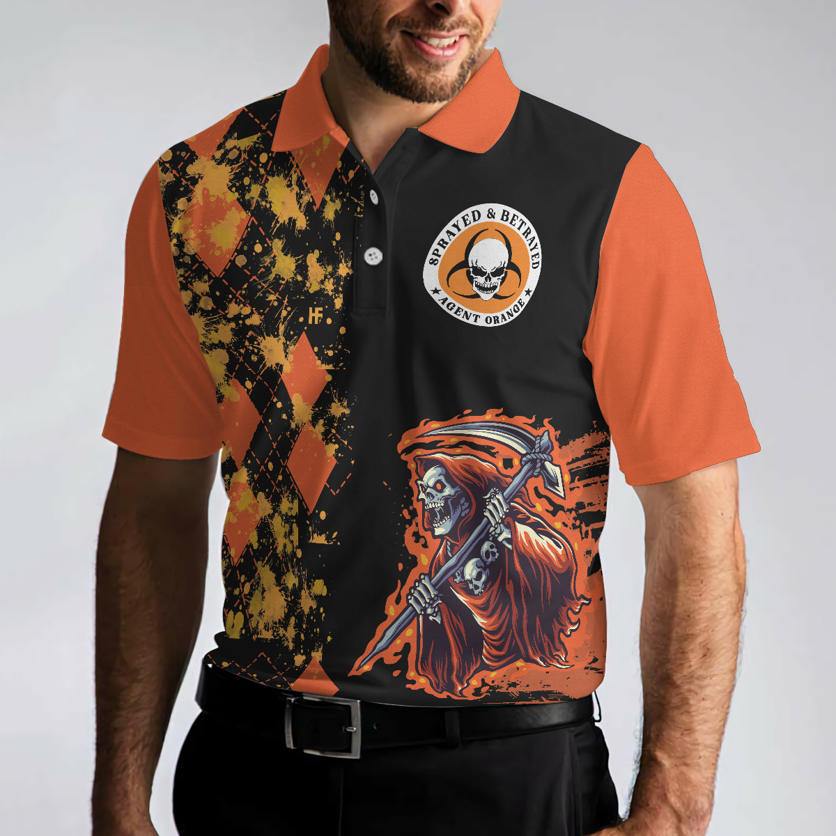 We Came Home And Death Came With Us Agent Orange Polo Shirt, Orange Argyle Pattern Shirt For Veterans