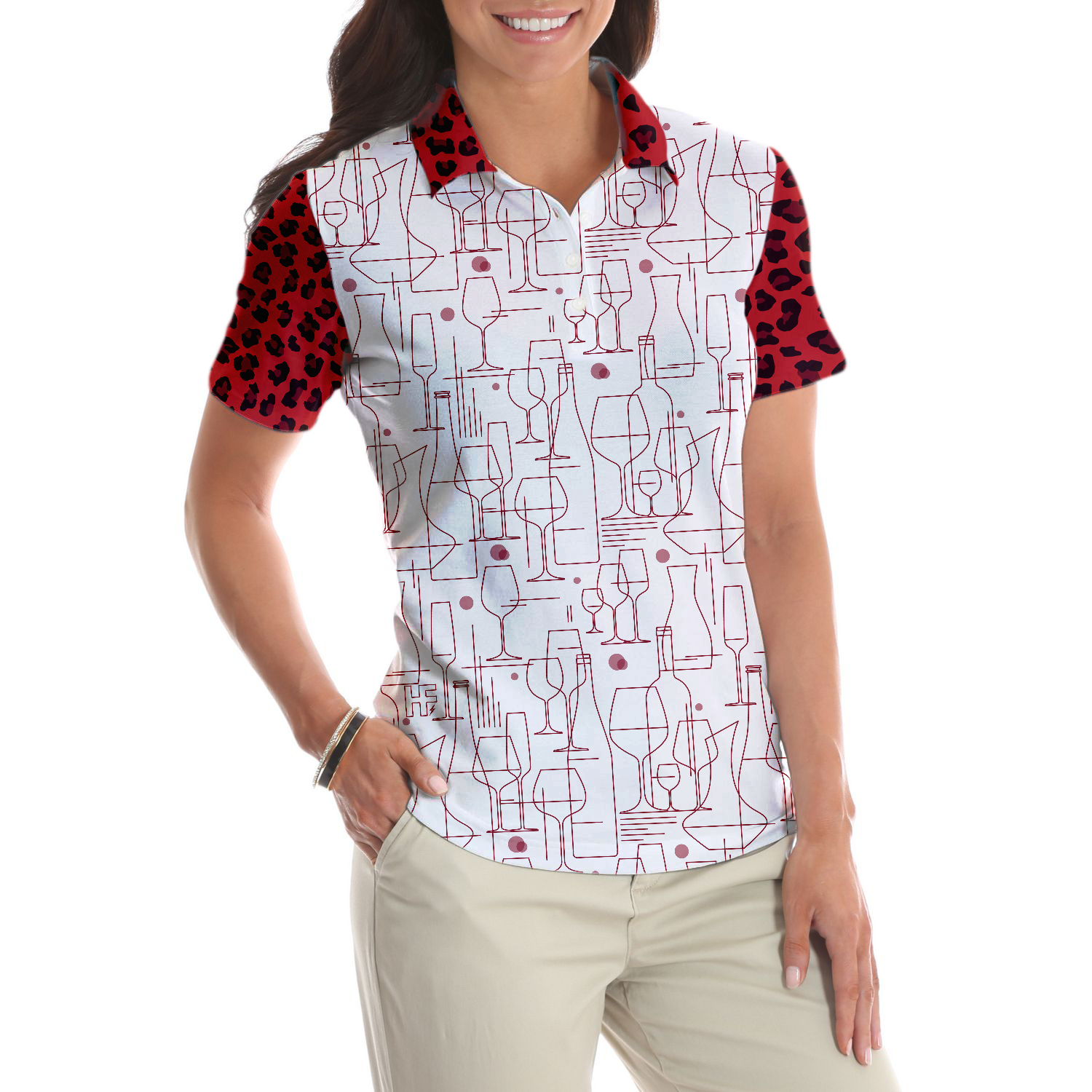 Red Wine And Leopard Pattern Drink Short Sleeve Women Polo Shirt, Wine Drinking Icon Polo Shirt For Ladies