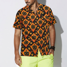 Grinning Black Cats Halloween Hawaiian Shirt For Men, Black And Pumpkin Orange Harlequin Pattern Hawaiian Shirt