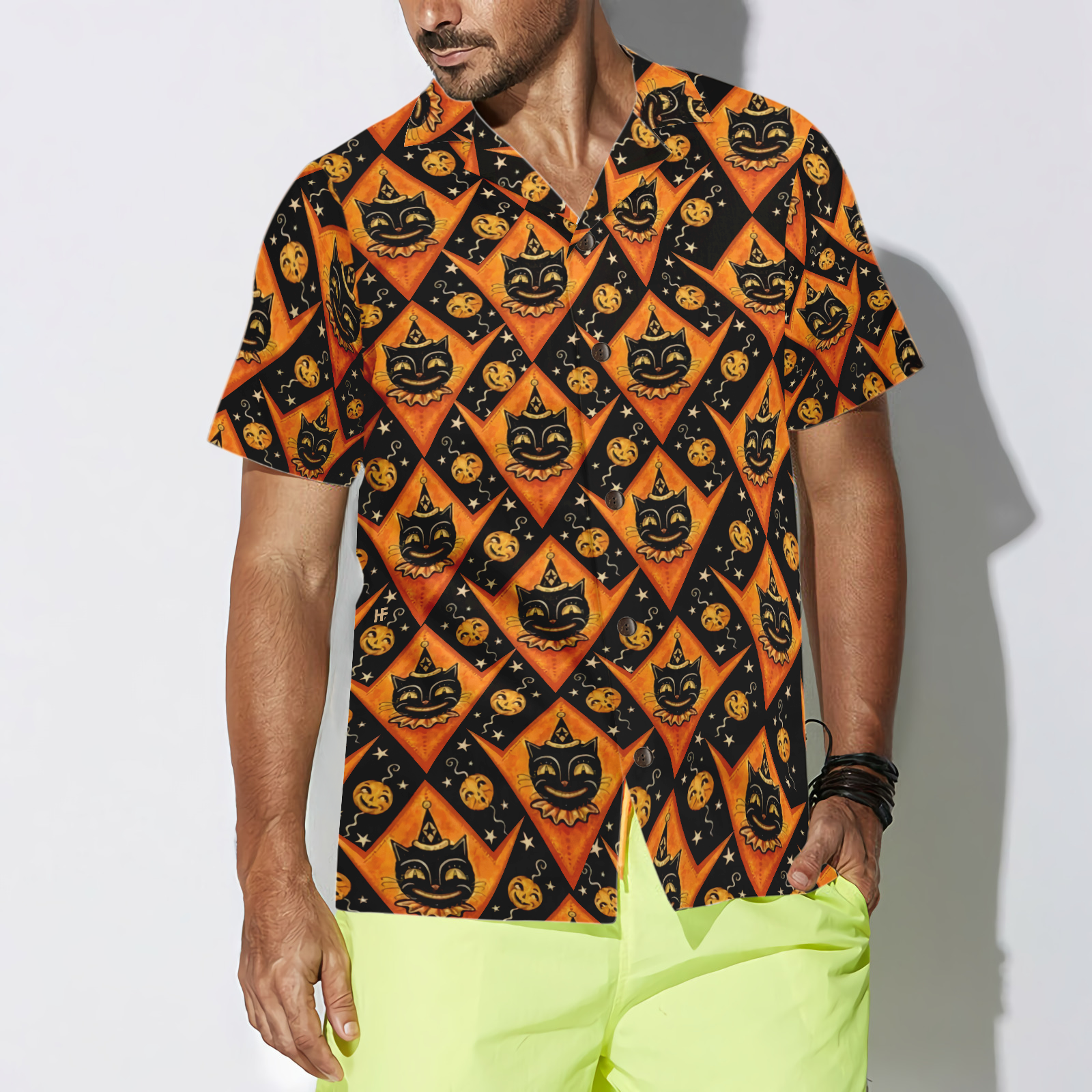 Grinning Black Cats Halloween Hawaiian Shirt For Men, Black And Pumpkin Orange Harlequin Pattern Hawaiian Shirt