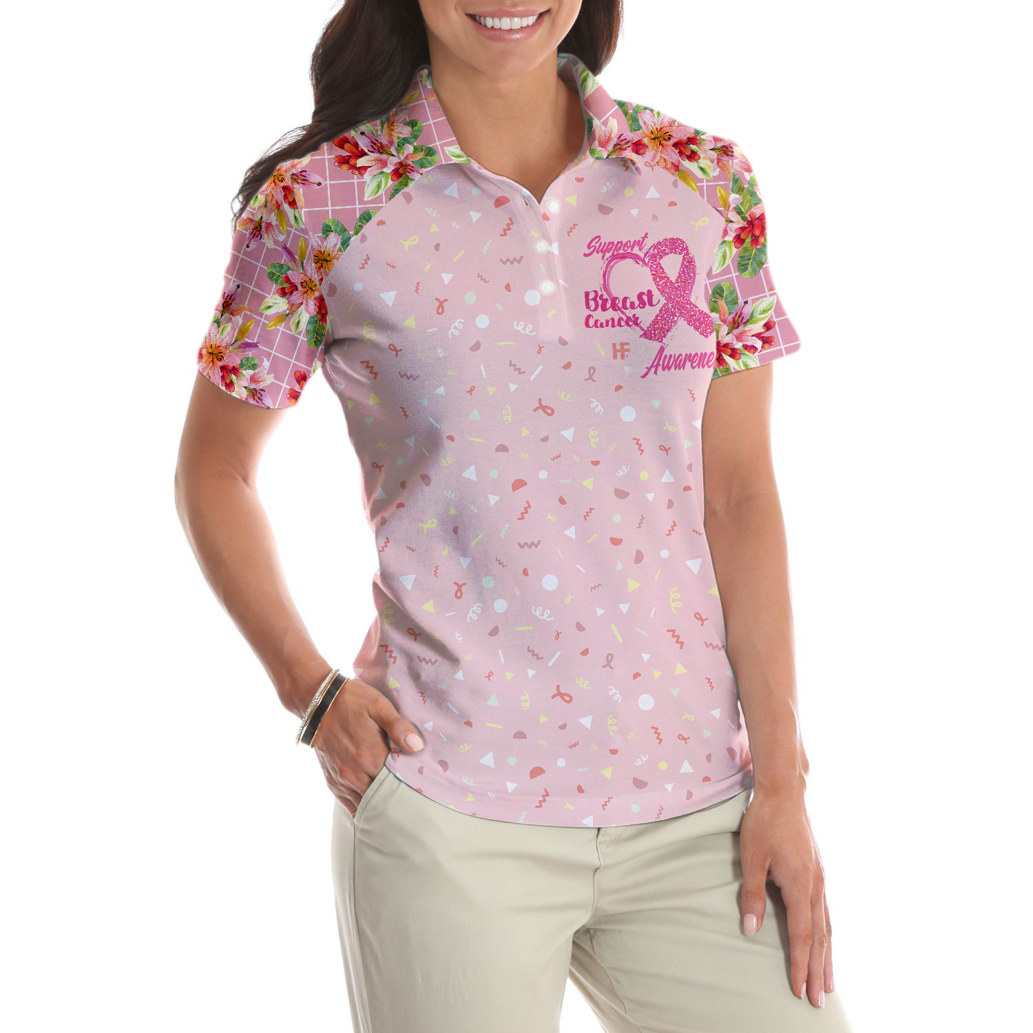 Fight Love Hope Breast Cancer Awareness Short Sleeve Women Polo Shirt