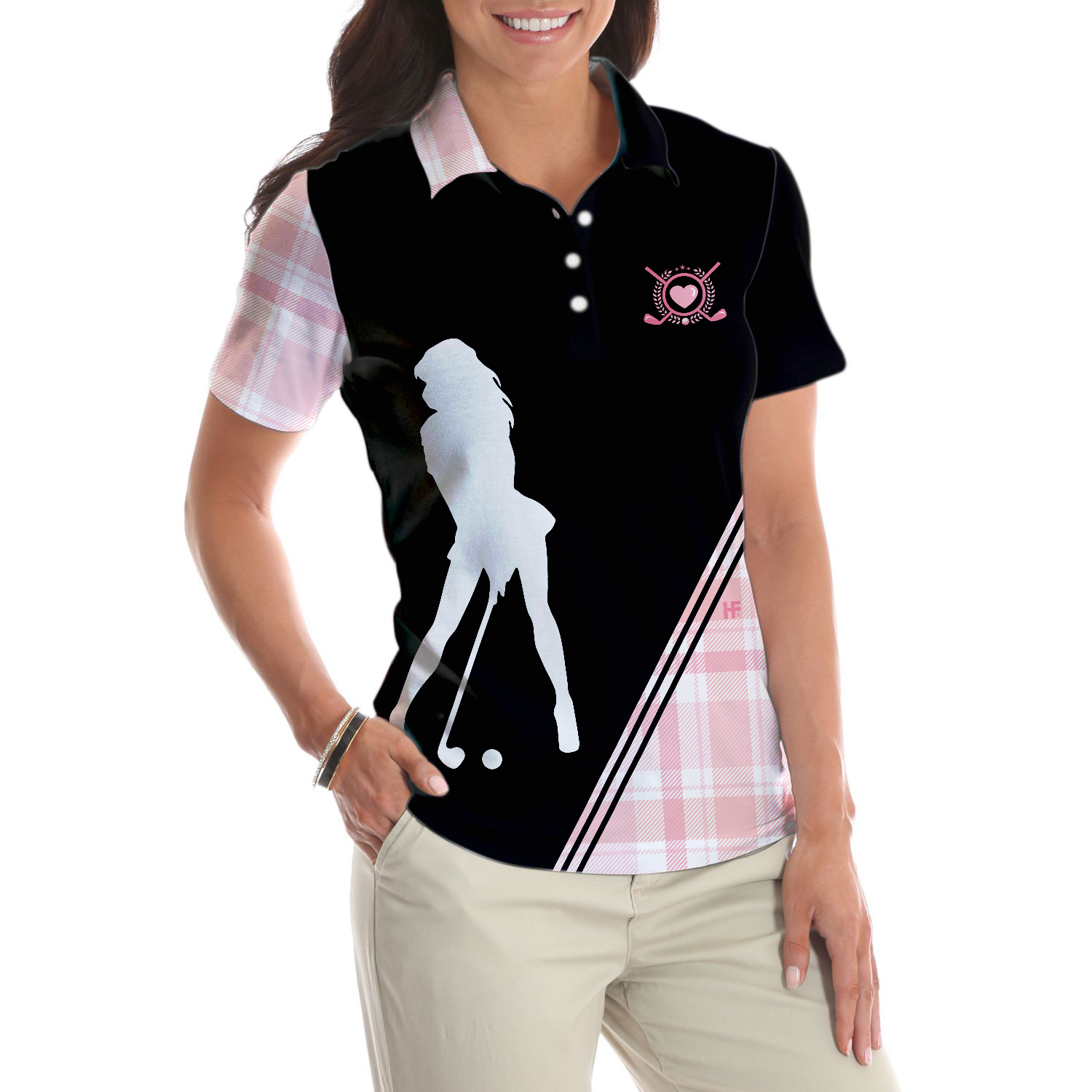 Golf Girl In Black And Pink Plaid Pattern Golf Short Sleeve Women Polo Shirt, Unique Golf Shirt For Ladies