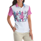 Queen Of The Lanes Pink And Blue Bowling Short Sleeve Women Polo Shirt, Bowling Shirt For Ladies