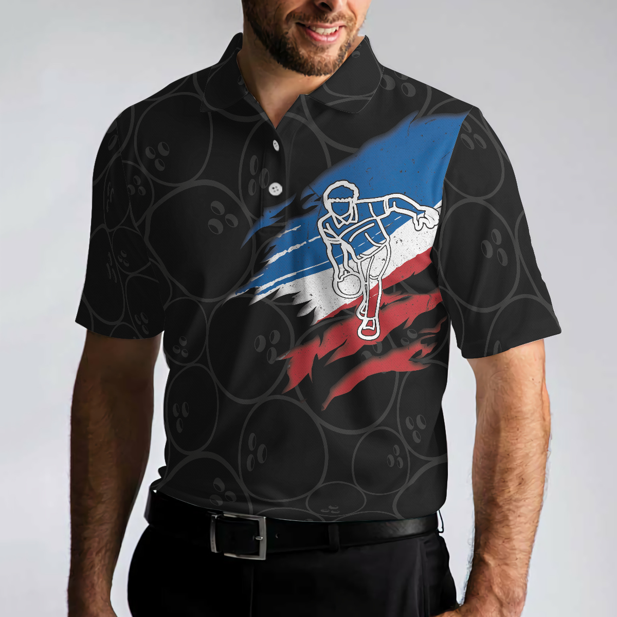 I Beat People With Three Fingers Bowling Polo Shirt, Black Polo Style Bowling Shirt For Men, Bowling Gift Idea