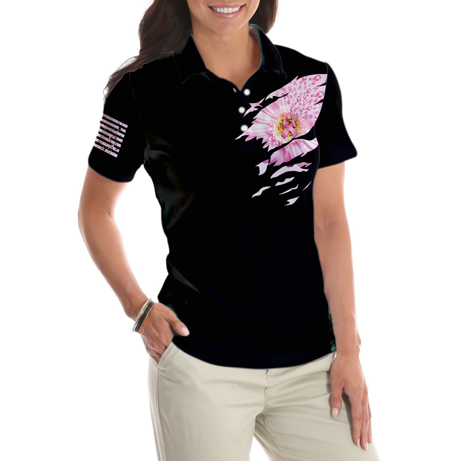 Faith Hope Love Flower Breast Cancer Awareness Short Sleeve Women Polo Shirt, Support Gift For Breast Cancer Survivors