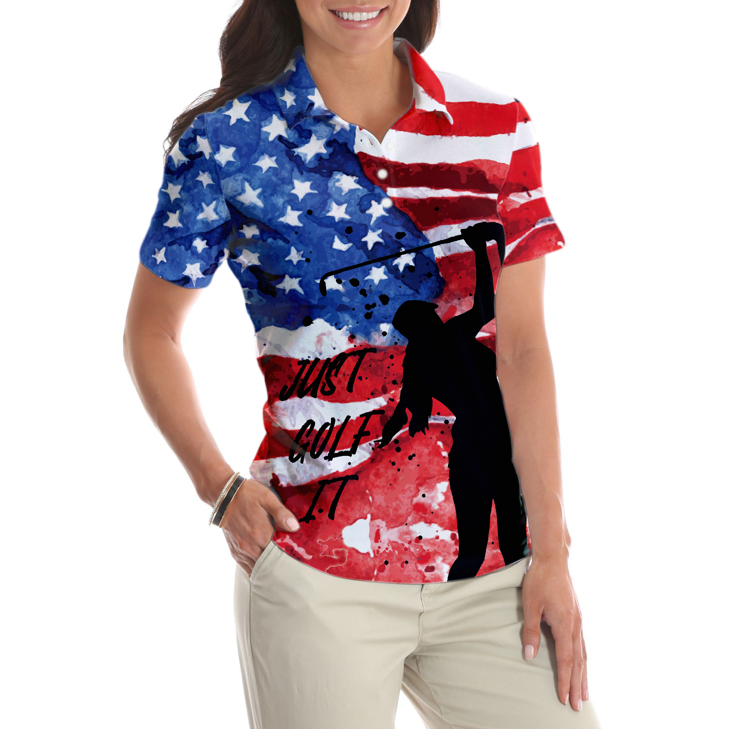 American Golfer Just Golf It V2 Short Sleeve Women Polo Shirt, American Flag Golf Shirt For Ladies