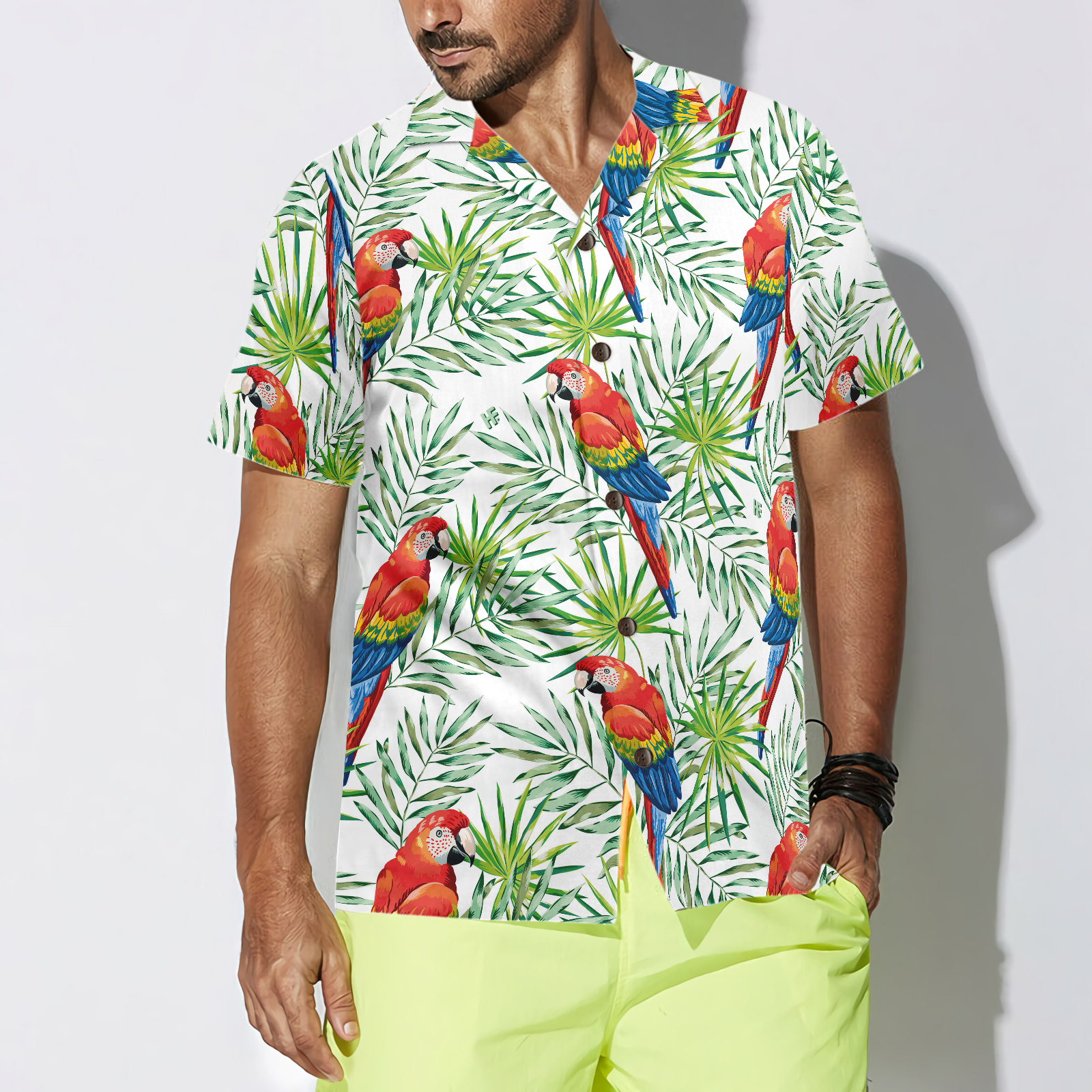 Macaw Parrots Green Palm Leaves Hawaiian Shirt