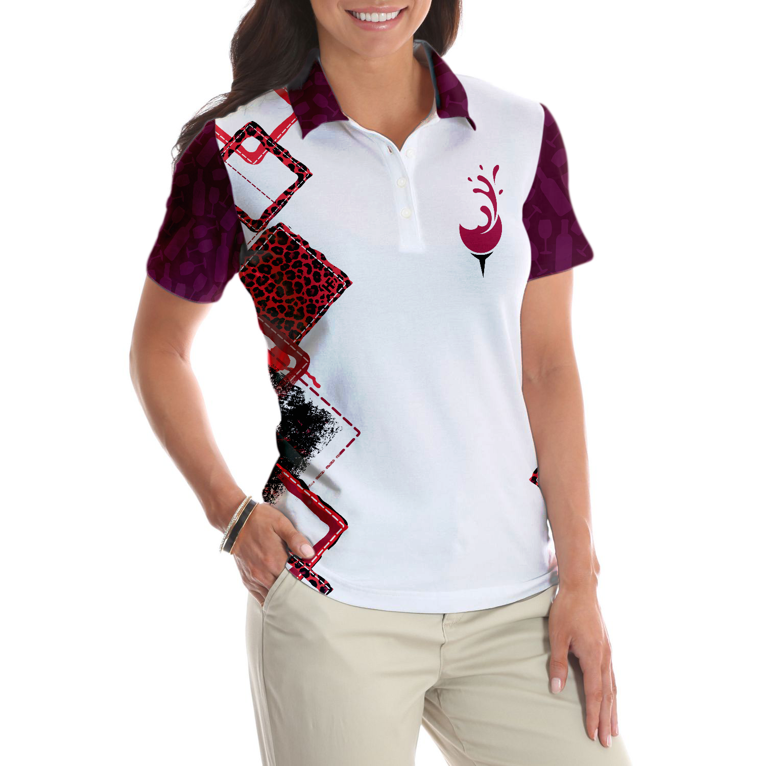 You Say Girl Can't Golf So Watch Me Leopard Golf Short Sleeve Women Polo Shirt, Plum Purple Wine Drinking Golf Shirt For Ladies