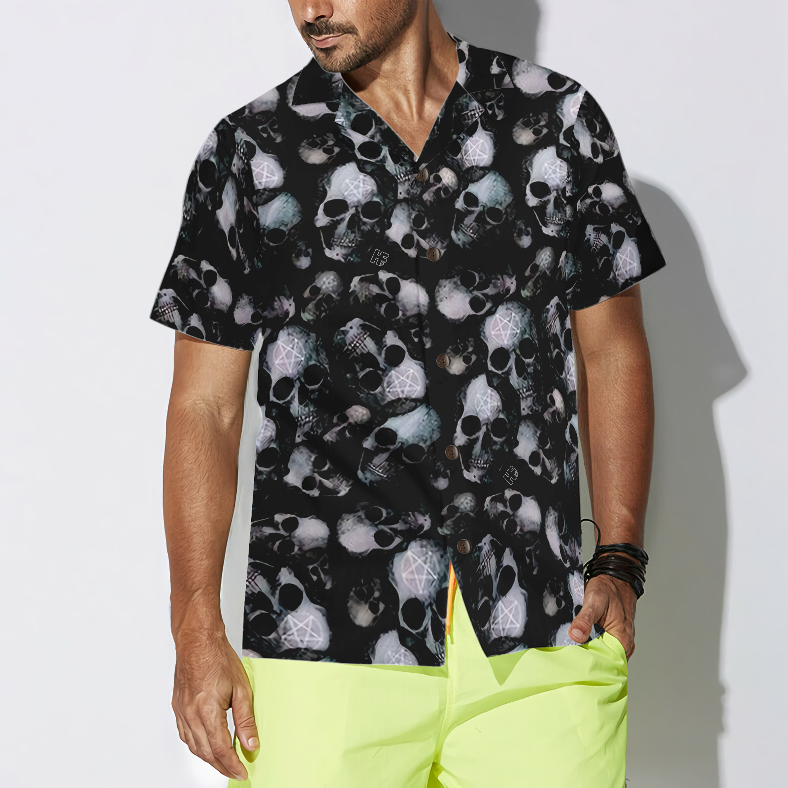 Pentagram Gothic Skull Hawaiian Shirt For Men, Black Skull Pattern All Over Print Hawaiian Shirt