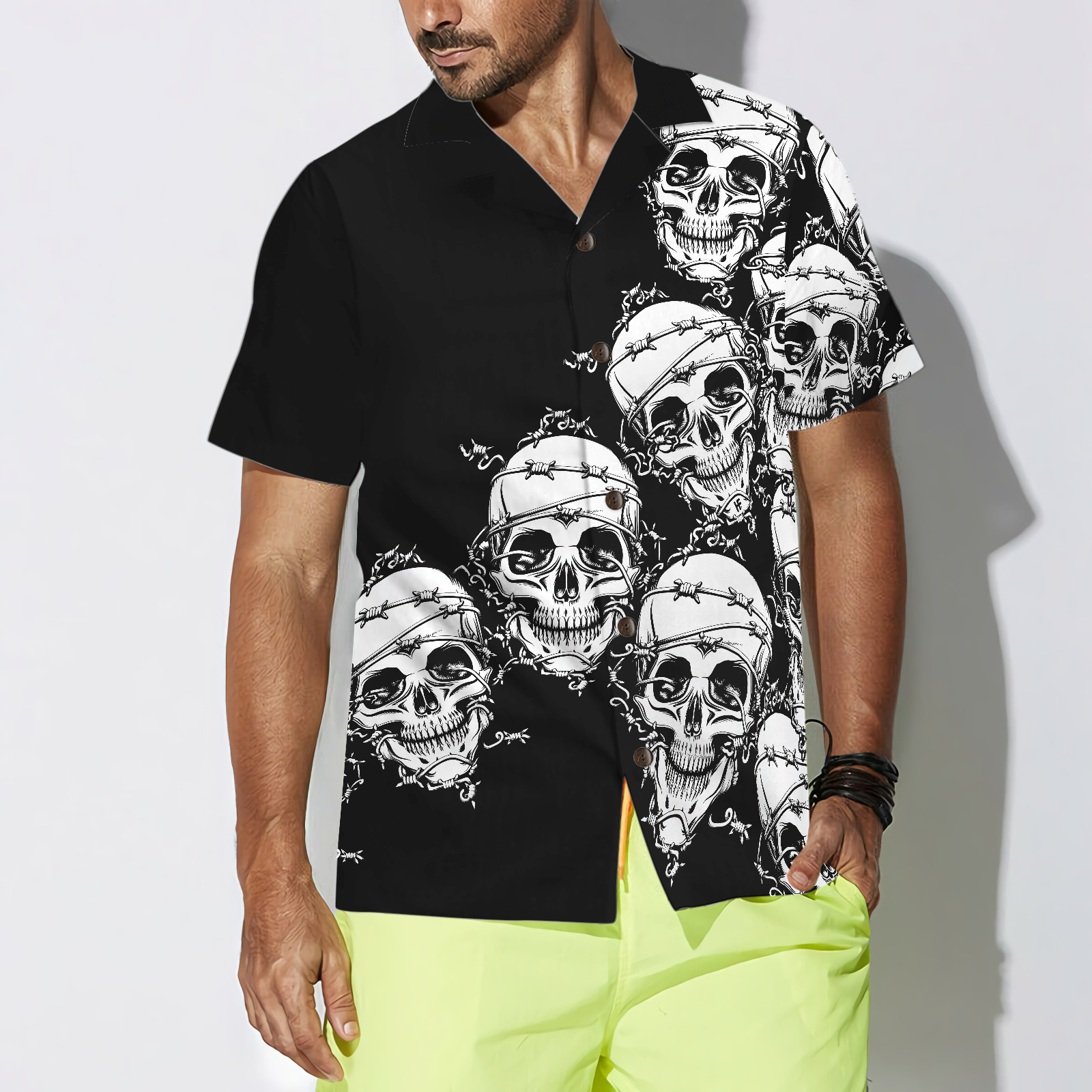 Skull In Barbed Wire Gothic Hawaiian Shirt, Black Skull Goth Hawaiian Shirt