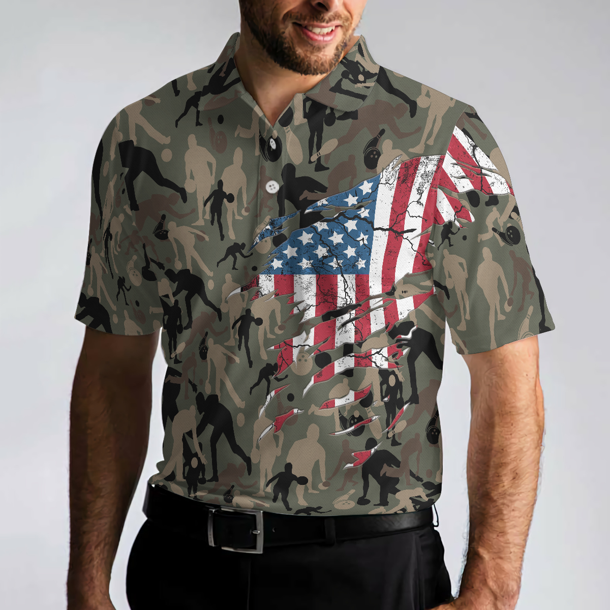 Bowling Camouflage American Eagle Flag Polo Shirt, American Flag Shirt For Patriotic Bowlers, Bowling Shirt For Men