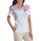 Pink Bowling Balls And Pins Pattern Bowling Short Sleeve Women Polo Shirt, White Bowling Polo Shirt For Ladies