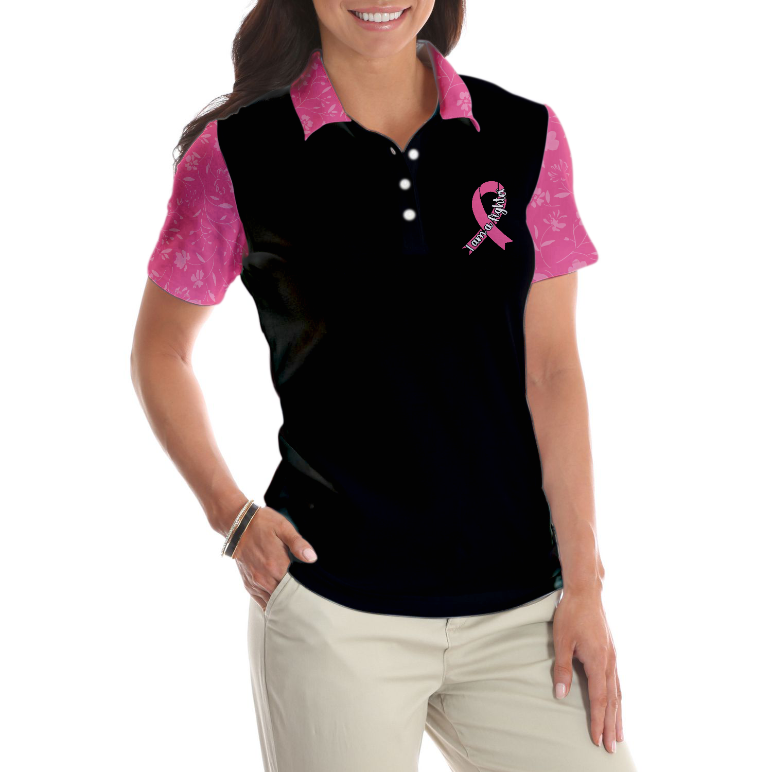 I Am A Breast Cancer Fighter Pink Flowers Awareness Ribbon Women Polo Shirt, Breast Cancer Awareness Polo Shirt For Ladies