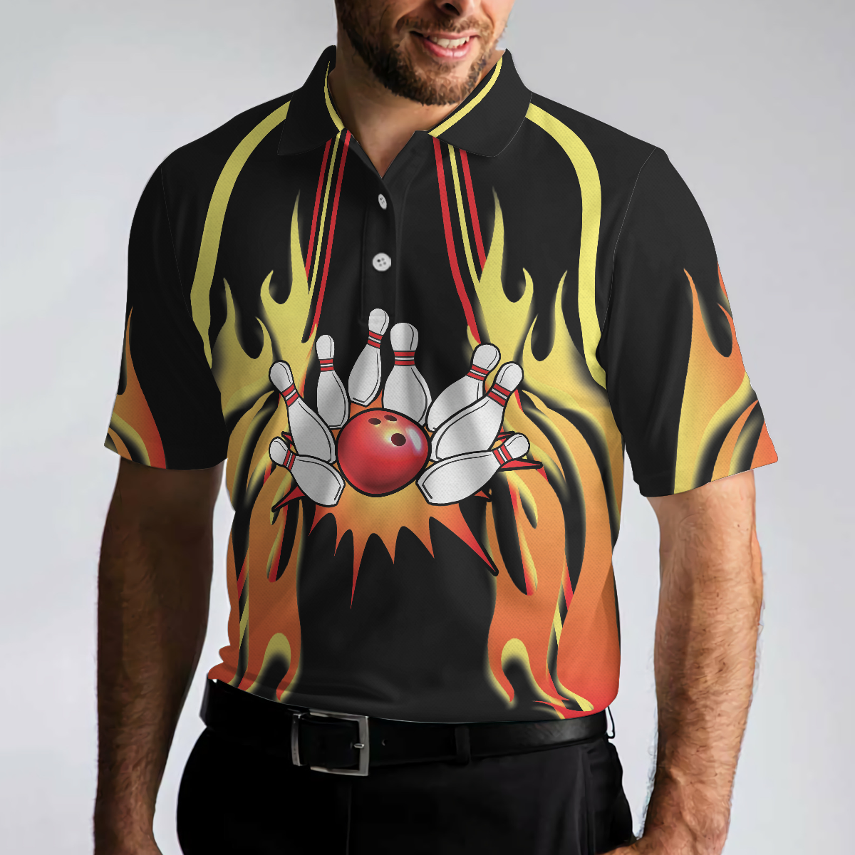 No Pin Left Behind Bowling Polo Shirt, Black Shirt With Flames, Polo Style Bowling Shirt For Men