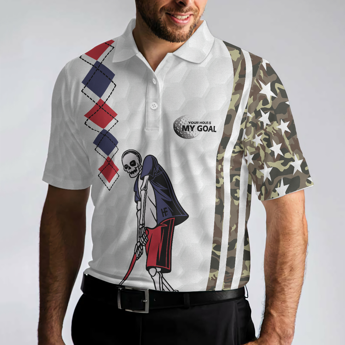 Be Skull And Goal Camouflage Polo Shirt, Your Hole Is My Goal Stripes Pattern Shirt, Camo Golf Shirt For Men