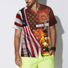 Never Forget Retired Firefighter American Flag Hawaiian Shirt, Red Axe And Logo Proud Firefighter Shirt For Men