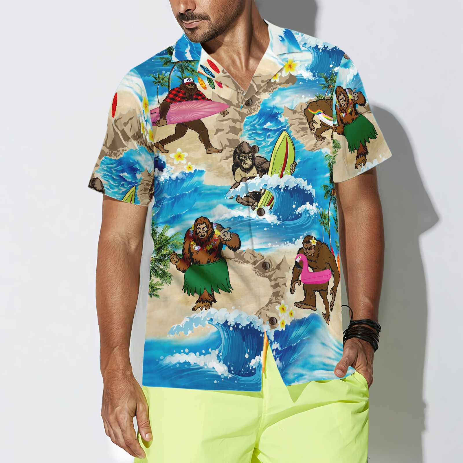 Bigfoots Are On Summer Vacation Bigfoot Hawaiian Shirt, Tropical Aloha Wave Surfing Bigfoot Shirt For Men