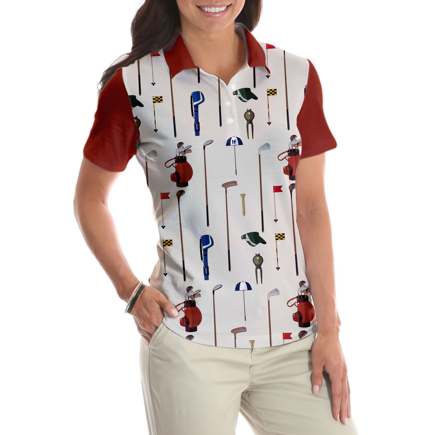 Golf Equipment Short Sleeve Women Polo Shirt, White And Red Golf Shirt For Ladies, Unique Female Golf Gift