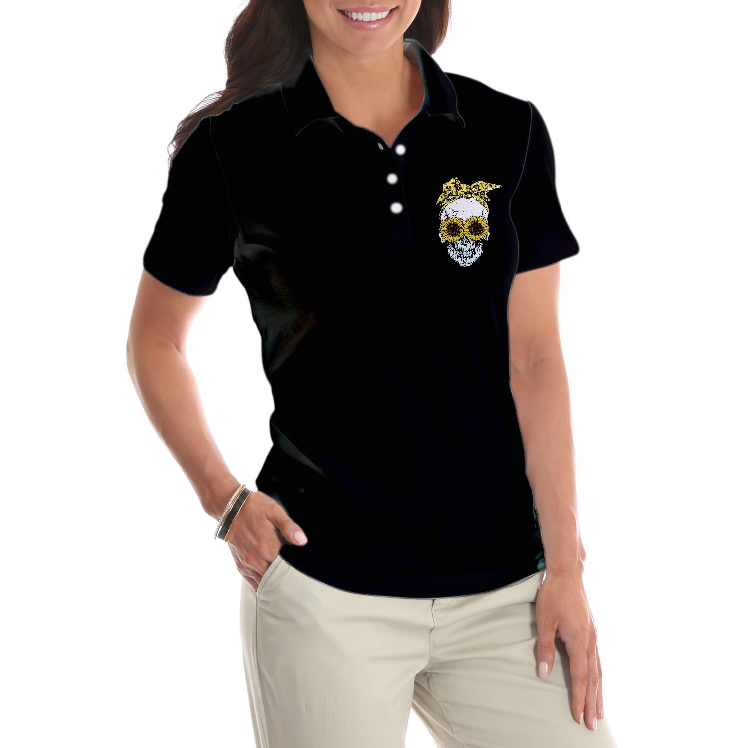 You Are My Sunshine Skull Sunflower Short Sleeve Women Polo Shirt, Black Skull Polo Shirt For Ladies