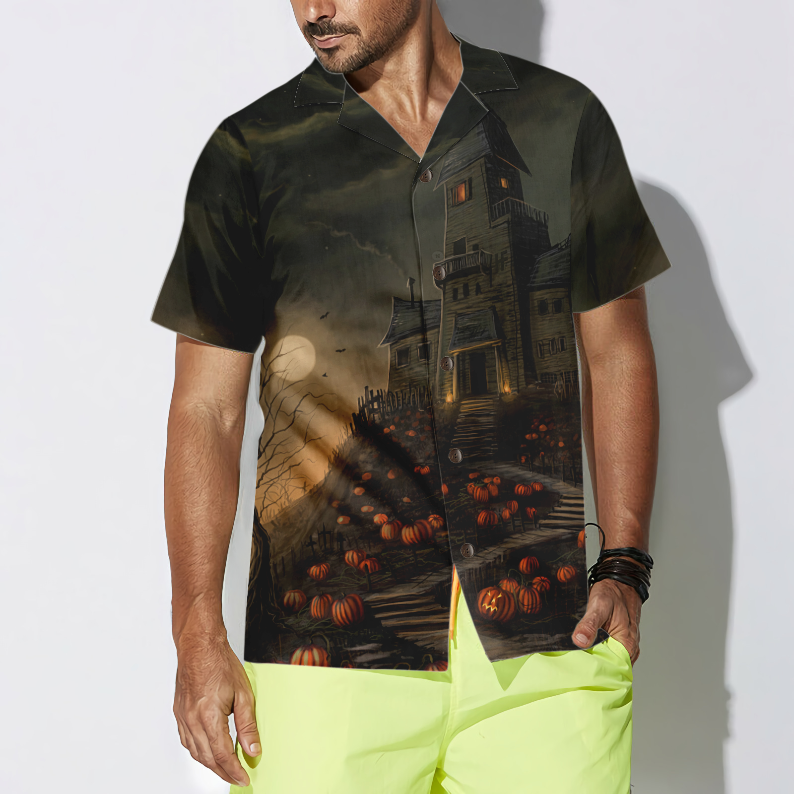 Halloween Haunted House On The Hill With Pumpkin Hawaiian Shirt, Full Moon Haunted Jack-o'-lantern Hawaiian Shirt For Men