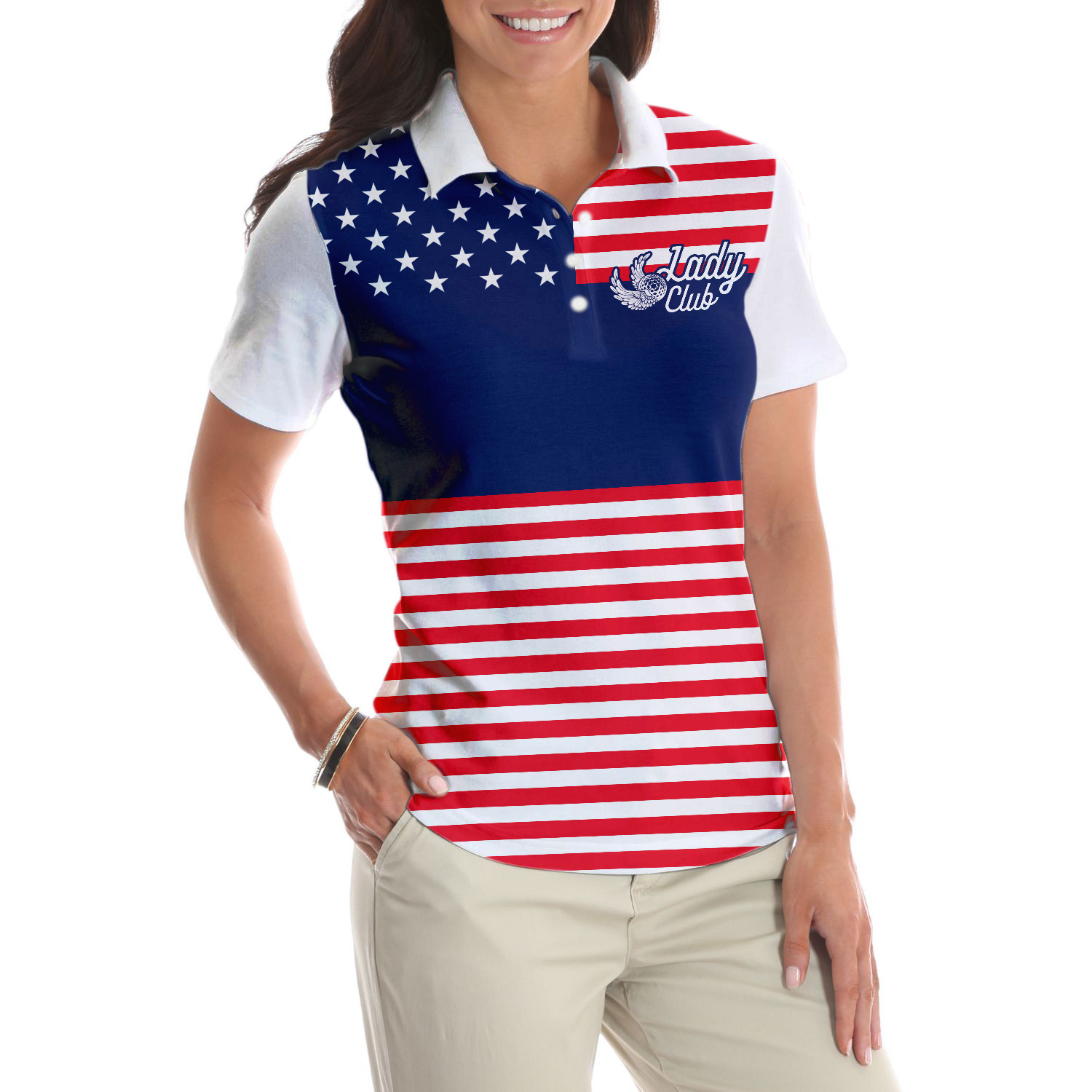 Lady Squad America Flag Golf Shirt, Short Sleeve Women Polo Shirt
