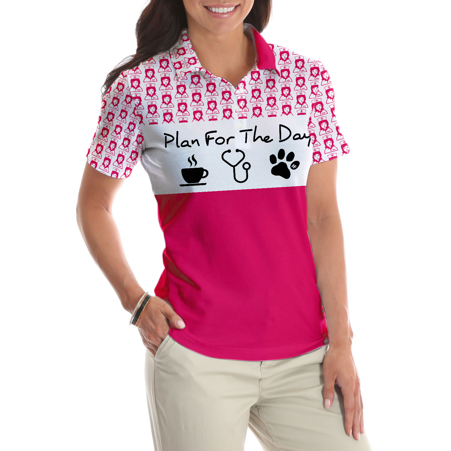 Plan For The Day Nurse Life Short Sleeve Women Polo Shirt, Pink And White Nurse Vibes Shirt For Women