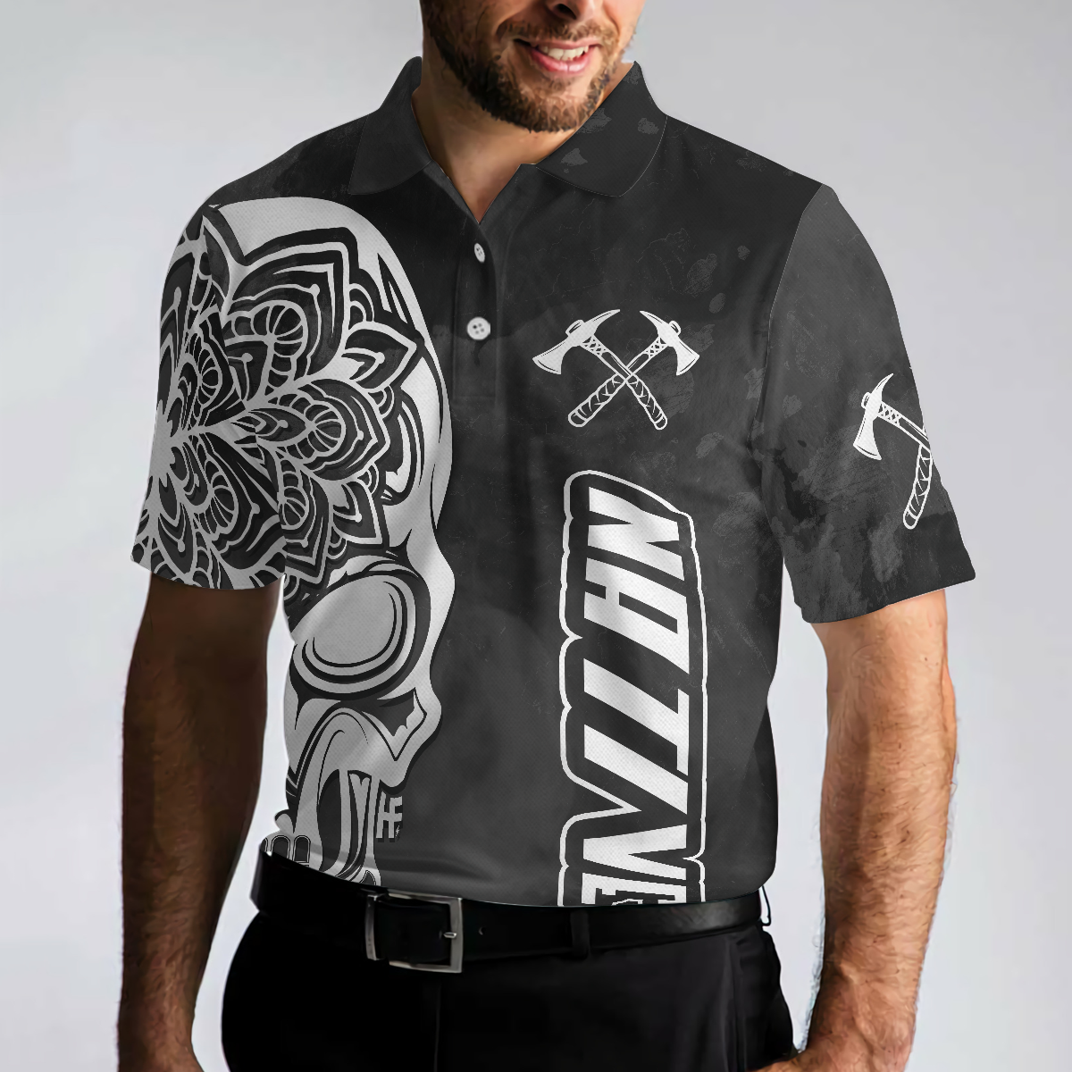 Aged And Worn Haida Native Skull Native American Polo Shirt, Mandala Skull Native American Shirt For Men