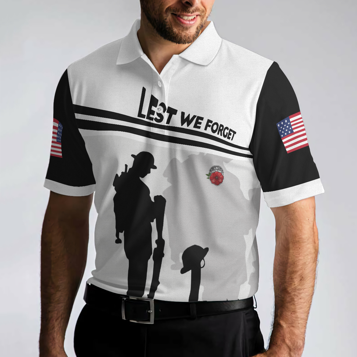 Lest We Forget Polo Shirt, Military Veteran American Flag Golf Shirt For Men