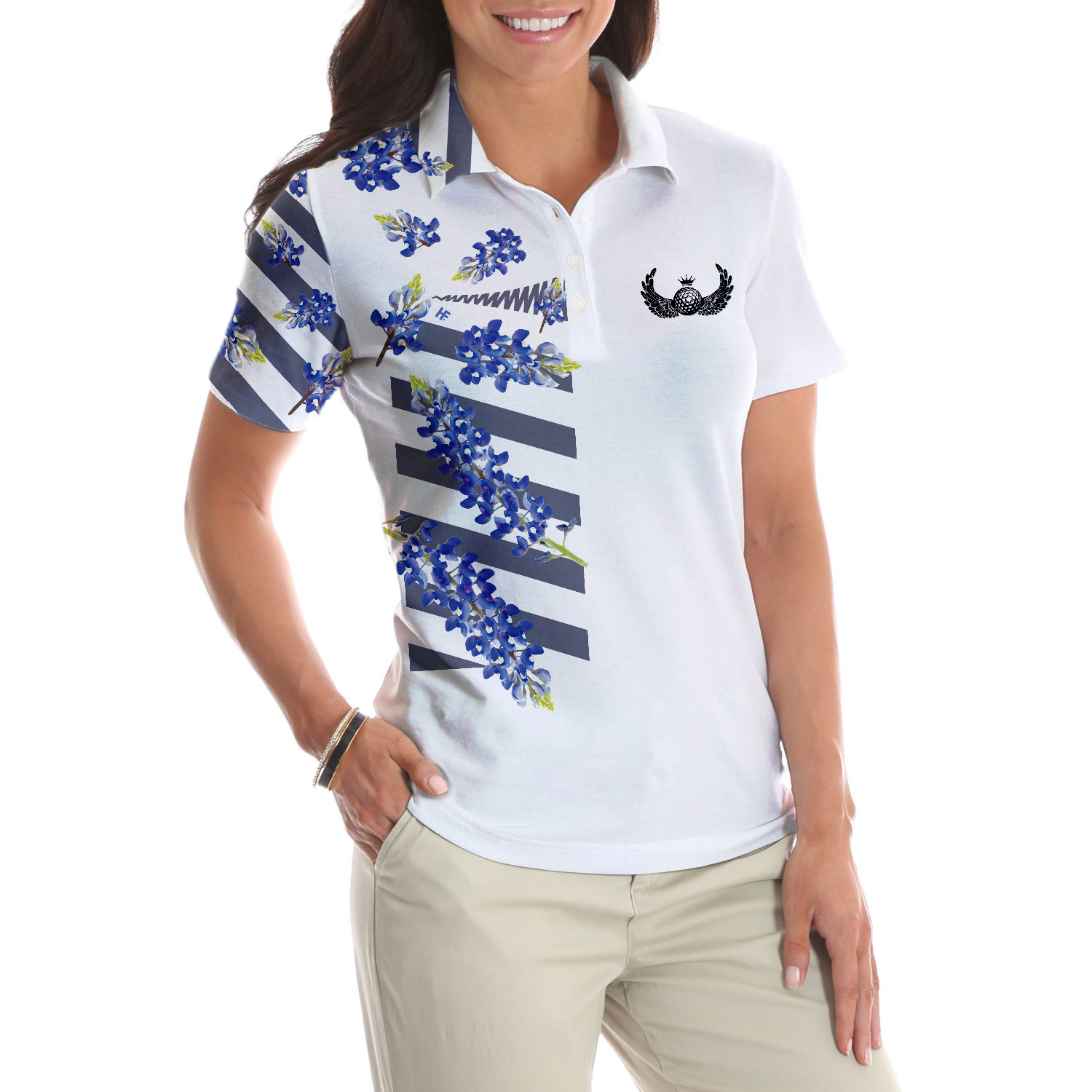 Bluebonnet Golf Short Sleeve Women Polo Shirt, Floral Texas Golf Shirt For Ladies