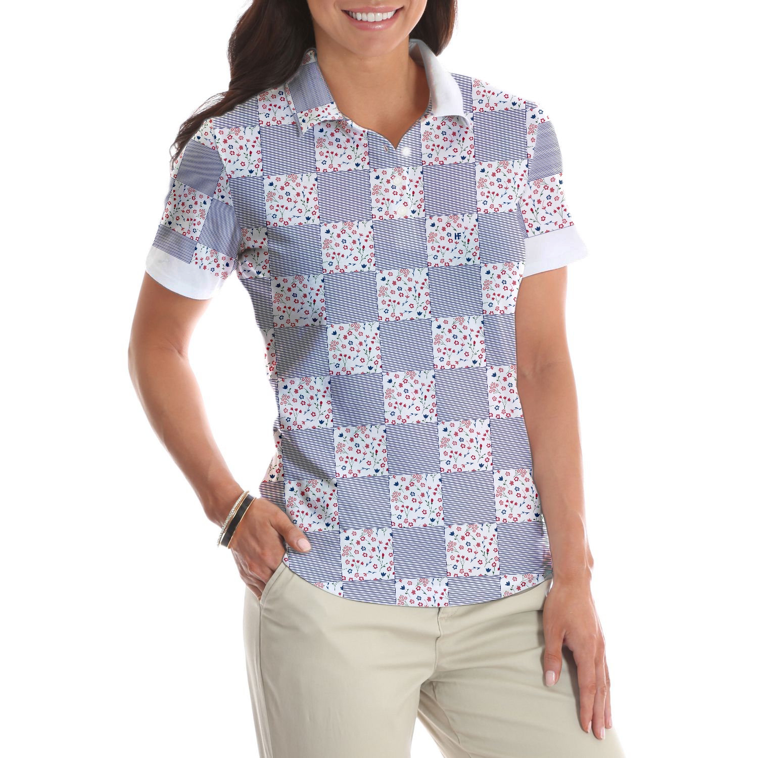 Little Flowers Blue Pink Plaid Short Sleeve Women Polo Shirt