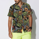Halloween Monsters Hawaiian Shirt For Men, Rip Grave Board Frankenstein And Jack-o'-lantern Pumpkin Hawaiian Shirt