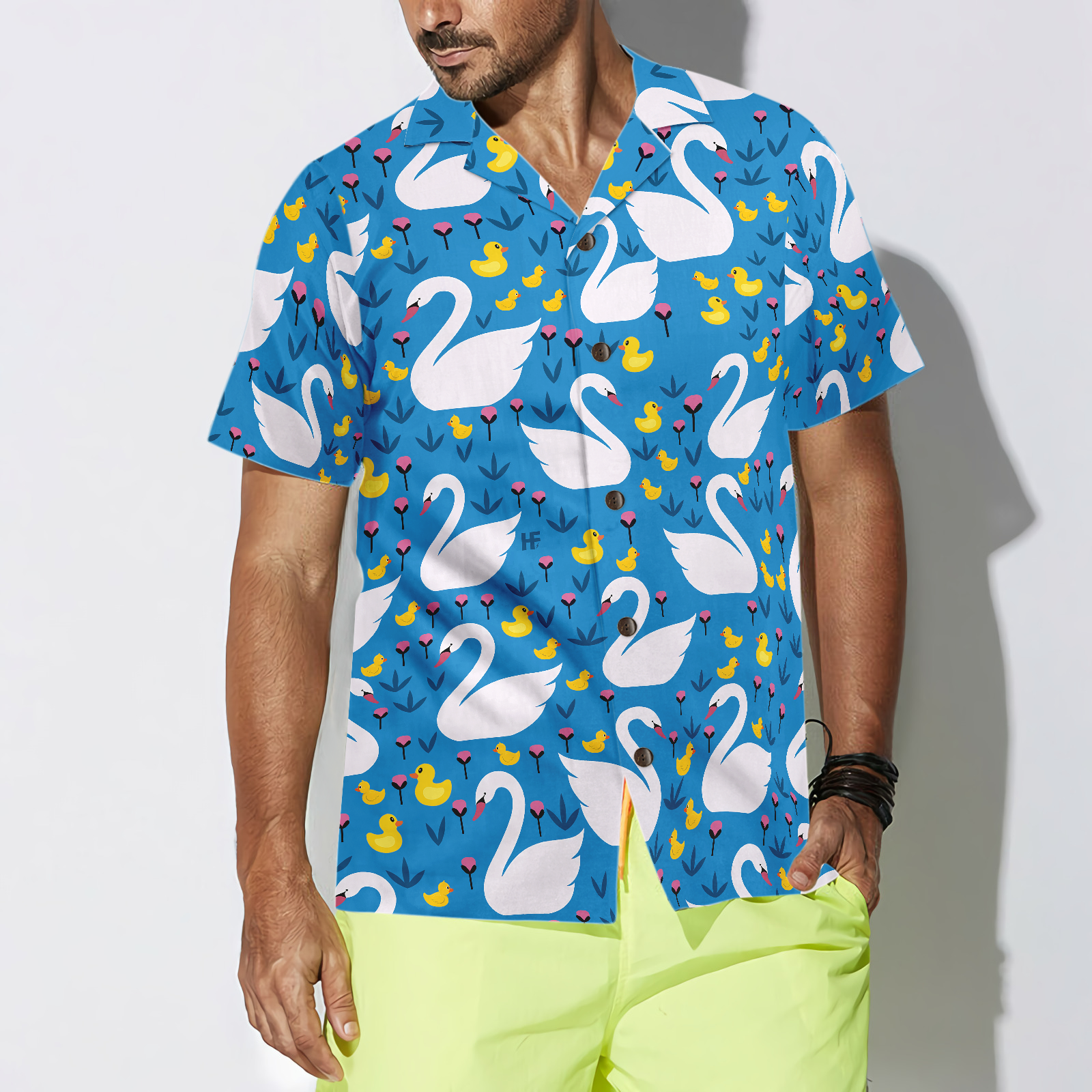 Swans And Ducks Swimming Hawaiian Shirt, Sky Blue Animals And Floral Hawaiian Shirt
