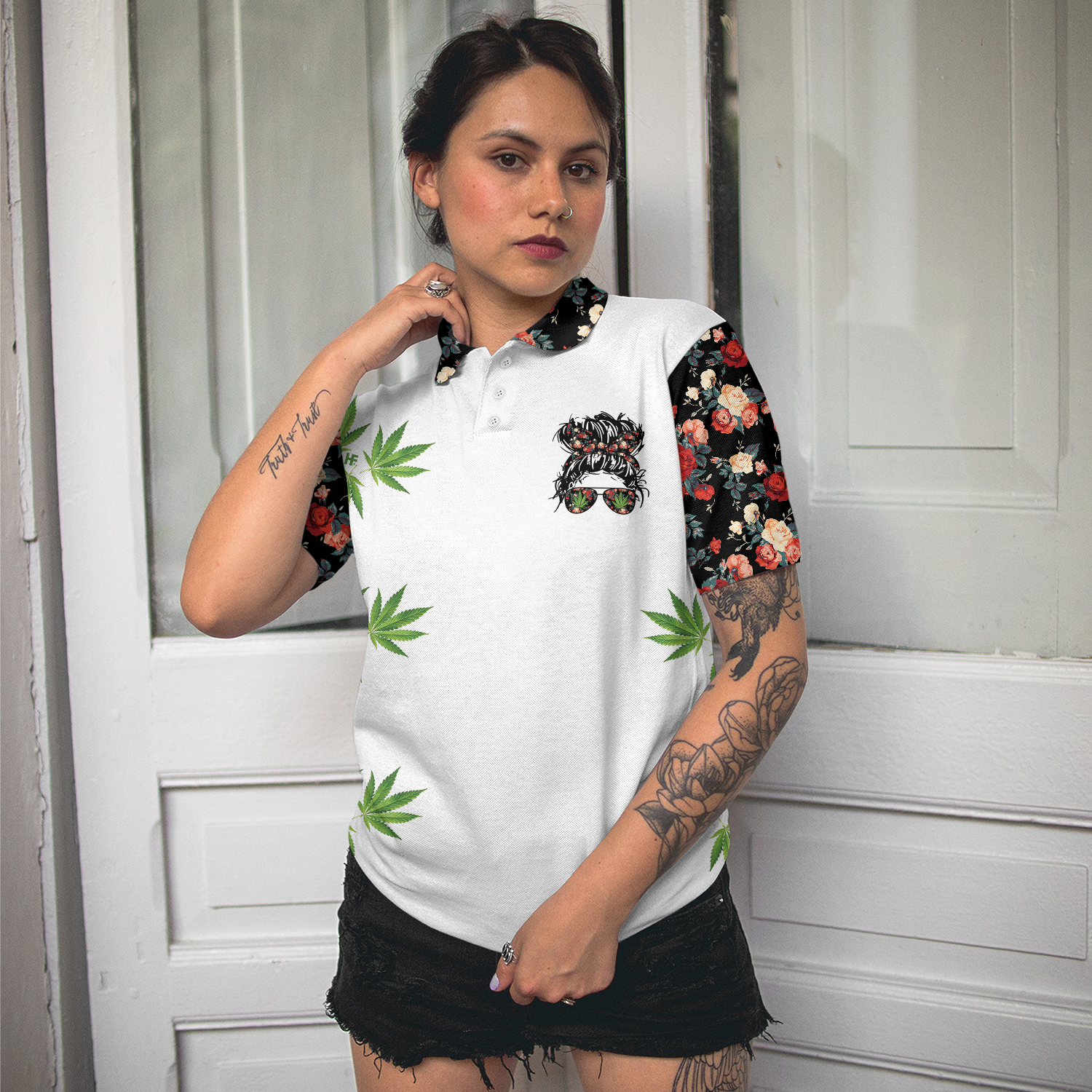 Weekend Forecast Smoking Weed Women Short Sleeve Polo Shirt, Floral And Weed Leaf Graphics Polo Shirt