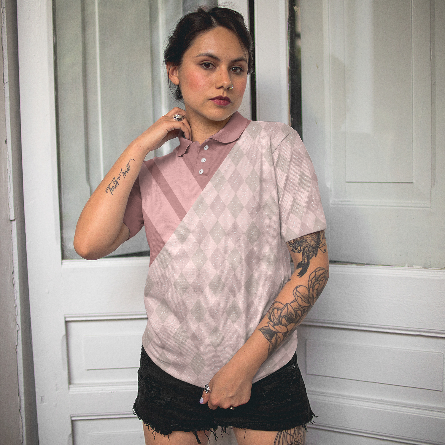 Never Underestimate A Woman Who Loves Golf And Wine Short Sleeve Women Polo Shirt, Pastel Argyle Pattern Shirt