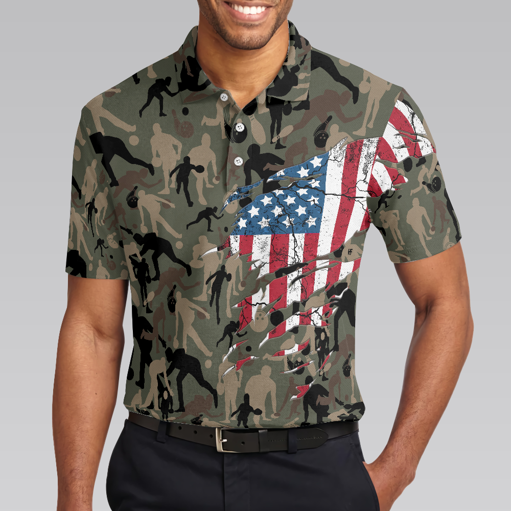 Bowling Camouflage American Eagle Flag Polo Shirt, American Flag Shirt For Patriotic Bowlers, Bowling Shirt For Men