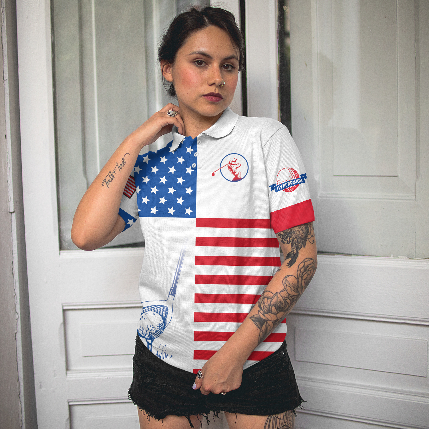 American Flag Golf V2 Short Sleeve Women Polo Shirt, Patriotic Golf Shirt For Ladies, Unique Golf Gift For Girls