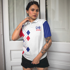 Golf Diva V2 Short Sleeve Women Polo Shirt, Red And Blue Argyle Pattern Golf Shirt For Golf Ladies