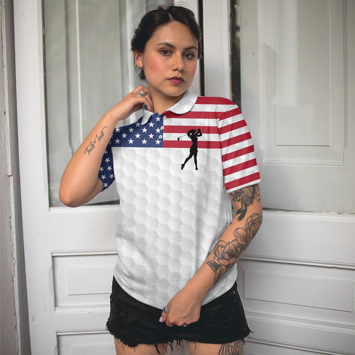 Premium American Golfer Female Version Short Sleeve Women Polo Shirt, American Flag Golf Shirt For Ladies, Cool Female Golf Gift